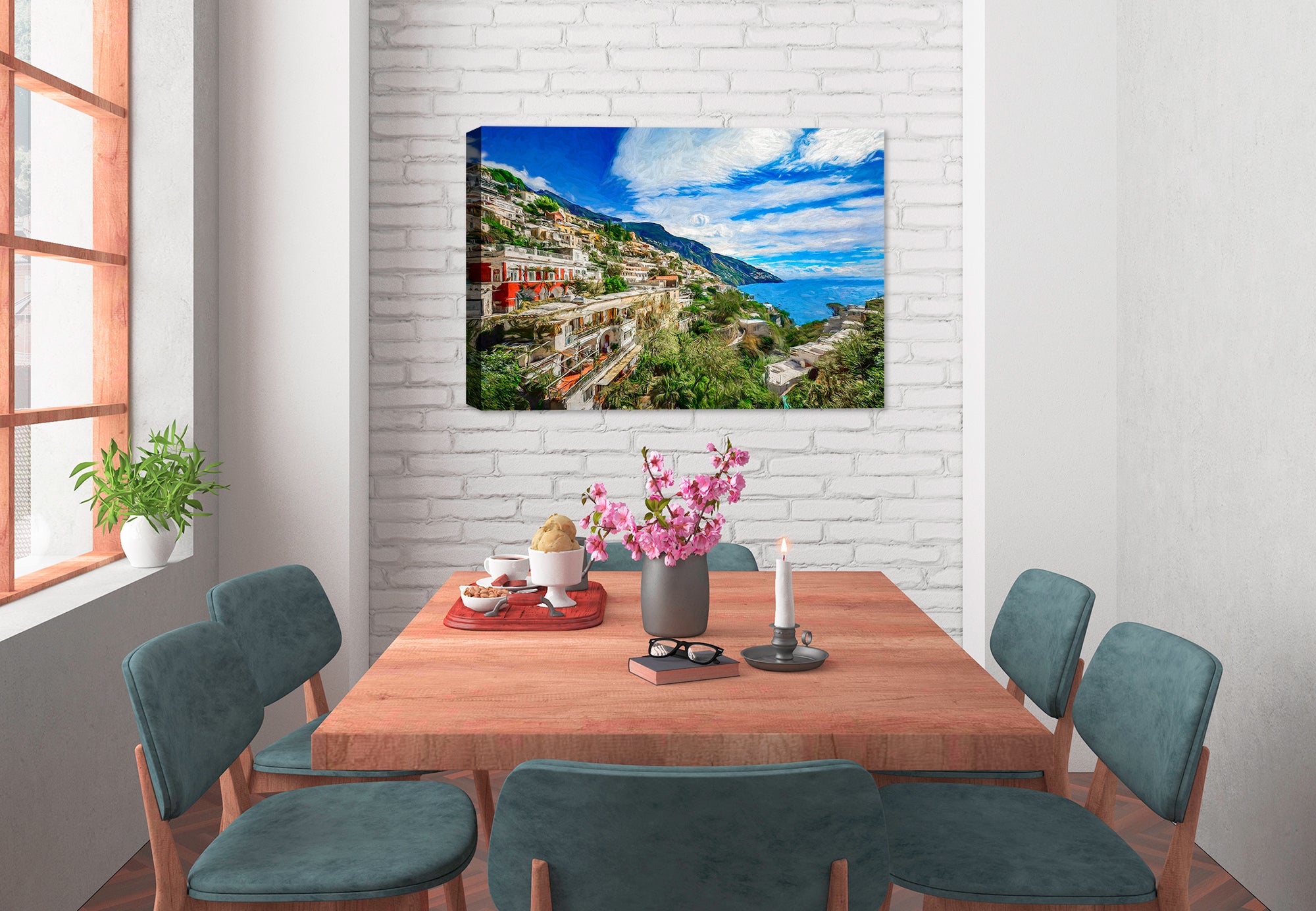 Painting of the Amalfi Coast on a canvas wrap hanging on a wall of the dining room.