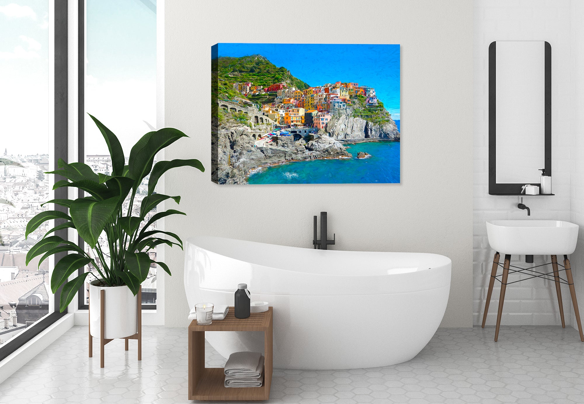 Image of Cinque Terre in Italy - Printed on Canvas - Hanging on Bathroom  Wall