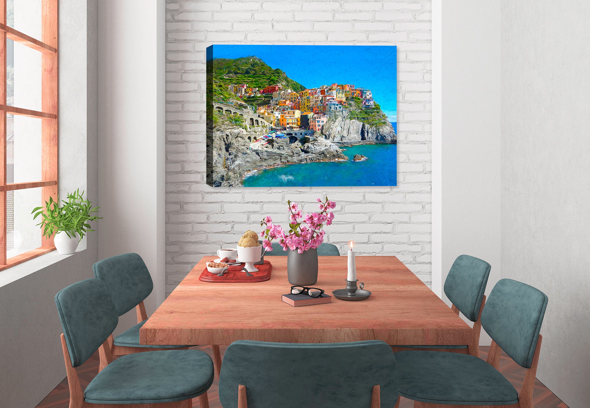 Wall Mural greek outdoor restaurant with Mediterranean sea view