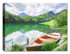 Image of a row boat on a small lake with trees, mountains, and sky ii the background - printed on waterproof canvas for outdoor use.