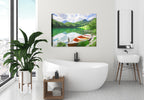 Image of a row boat on a small lake with trees, mountains, and sky ii the background - printed on waterproof canvas for outdoor use. Hanging on Bathroom Wall