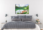 Image of a row boat on a small lake with trees, mountains, and sky ii the background - printed on waterproof canvas for outdoor use. Hanging on Bedroom Wall