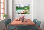 Image of a row boat on a small lake with trees, mountains, and sky ii the background - printed on waterproof canvas for outdoor use. Hanging on Dining Room Wall