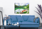 Image of a row boat on a small lake with trees, mountains, and sky ii the background - printed on waterproof canvas for outdoor use. Hanging on Living Room Wall