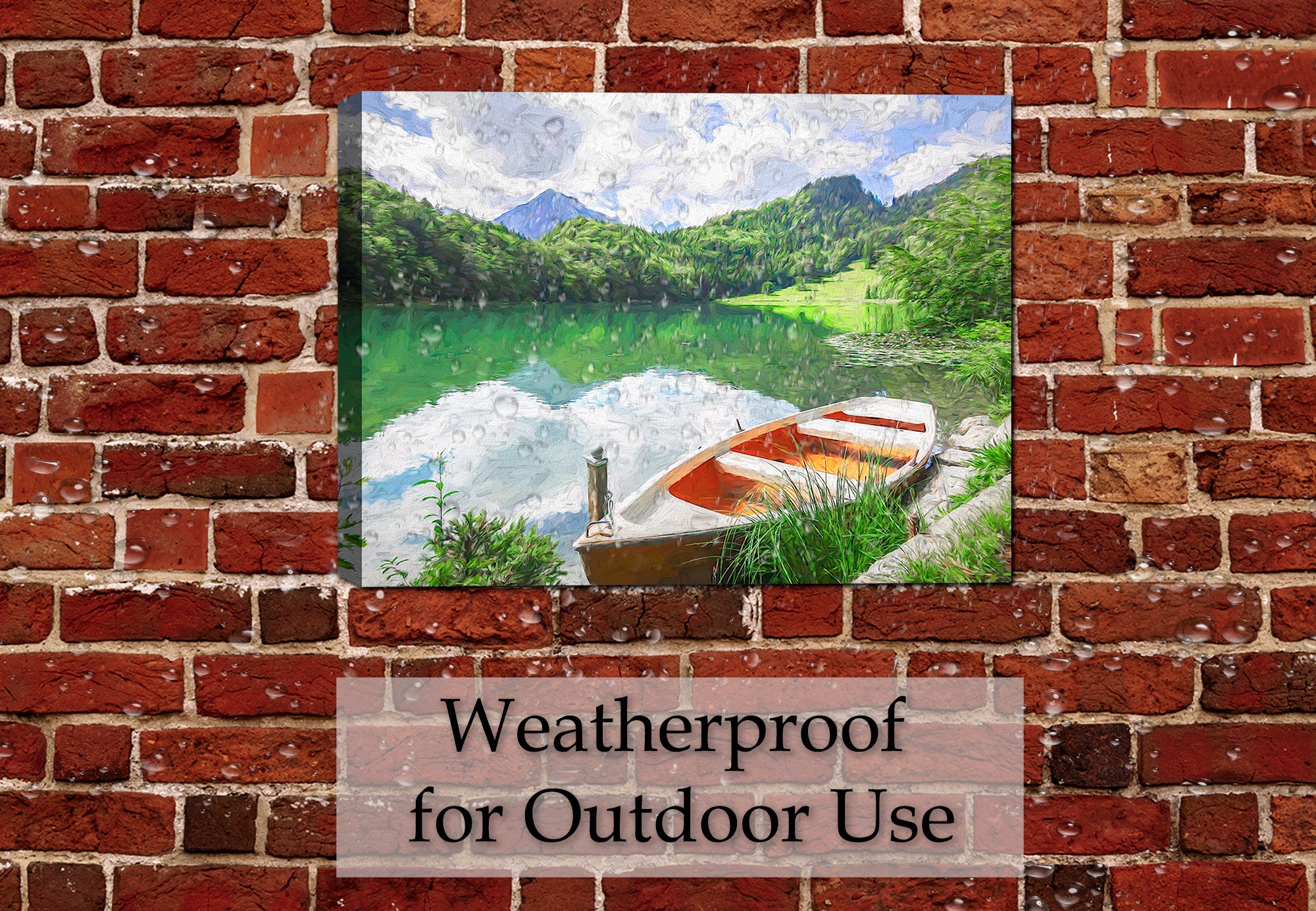 Image of a row boat on a small lake with trees, mountains, and sky ii the background - printed on waterproof canvas for outdoor use. Hanging on a brick patio wall in the rain. 