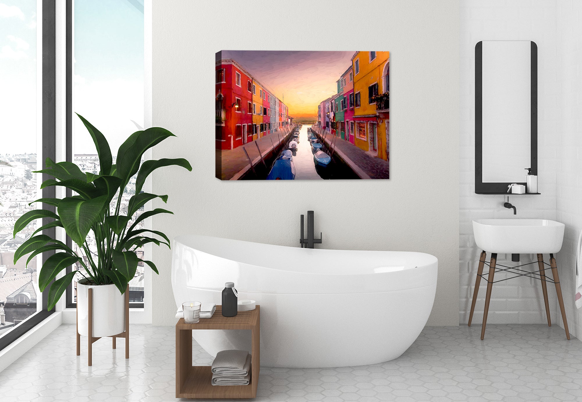 Dusk-in-the-Village Painting printed on Canvas - Hung on bathroom Wall