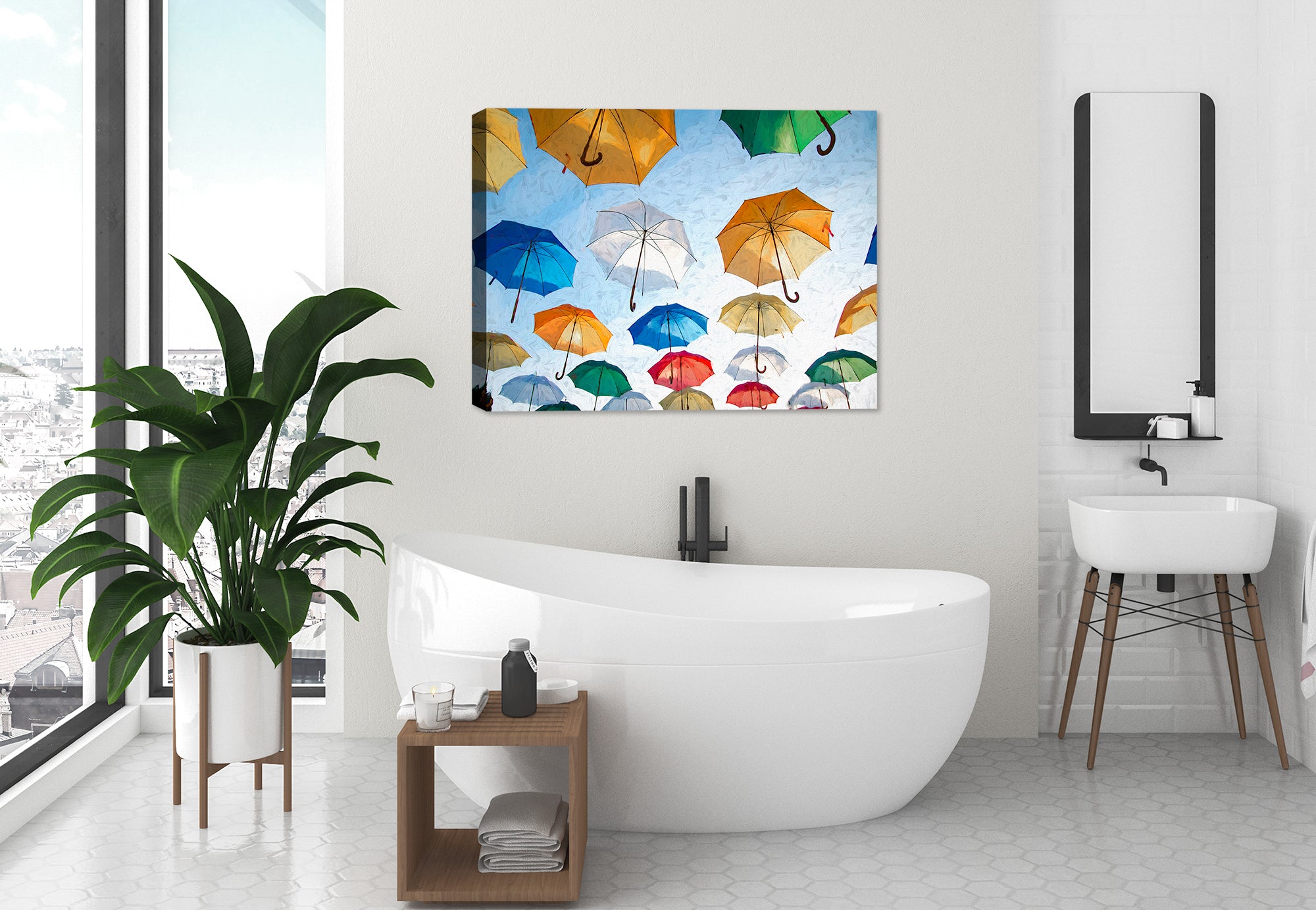 Painting of Multi Colored Umbrellas Floating in the blue Sky - Printed on Canvas - Hanging on a Bathroom Wall.