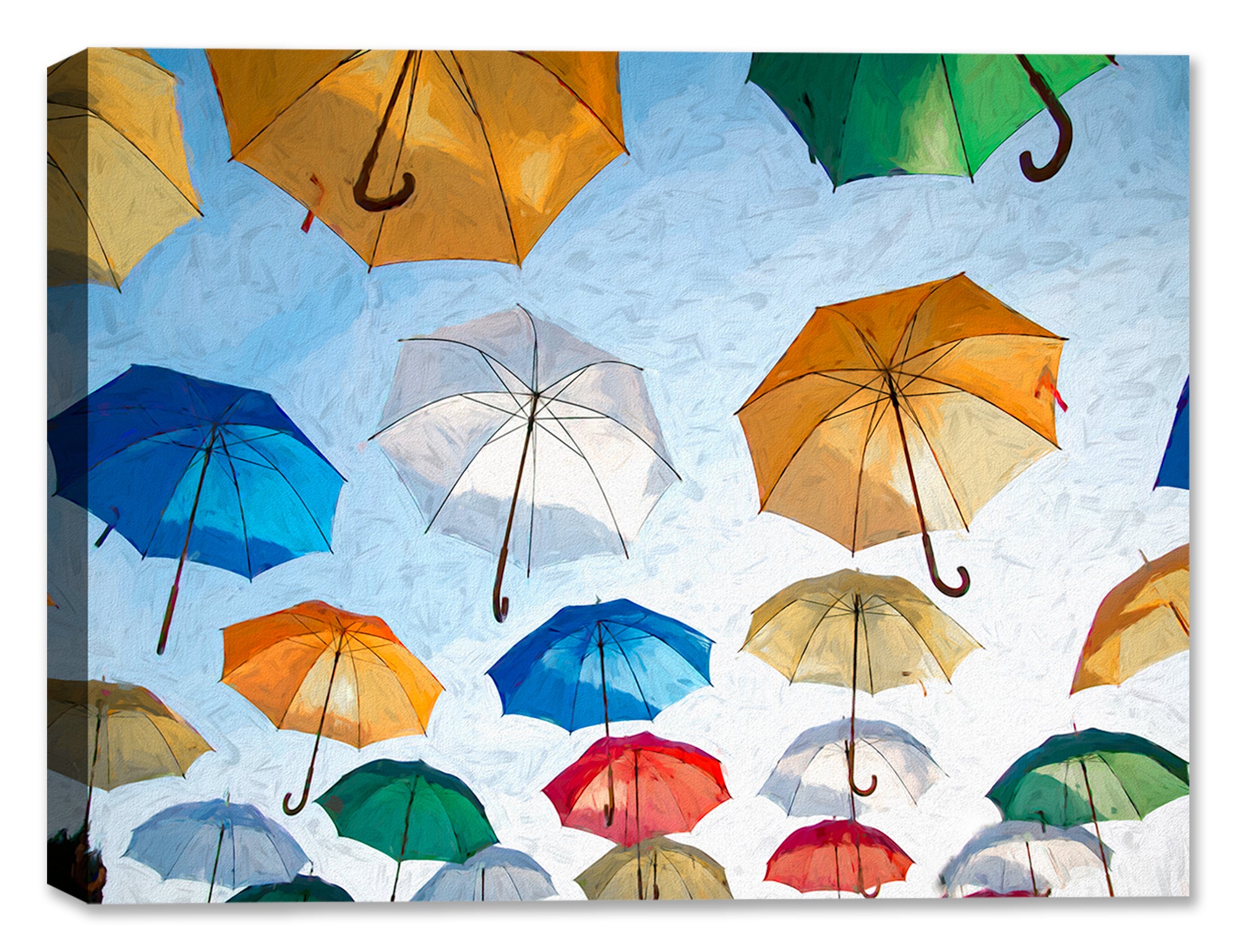 Painting of Multi Colored Umbrellas Floating in the blue Sky - Printed on Canvas