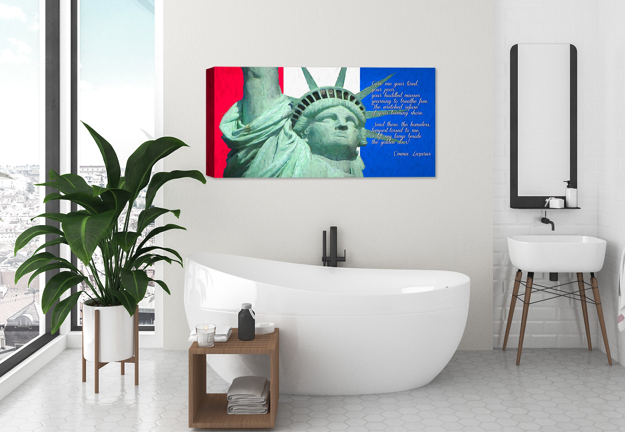 Statue of Liberty Painting with Wording - Printed on Canvas. Hung on Bathroom Wall. 