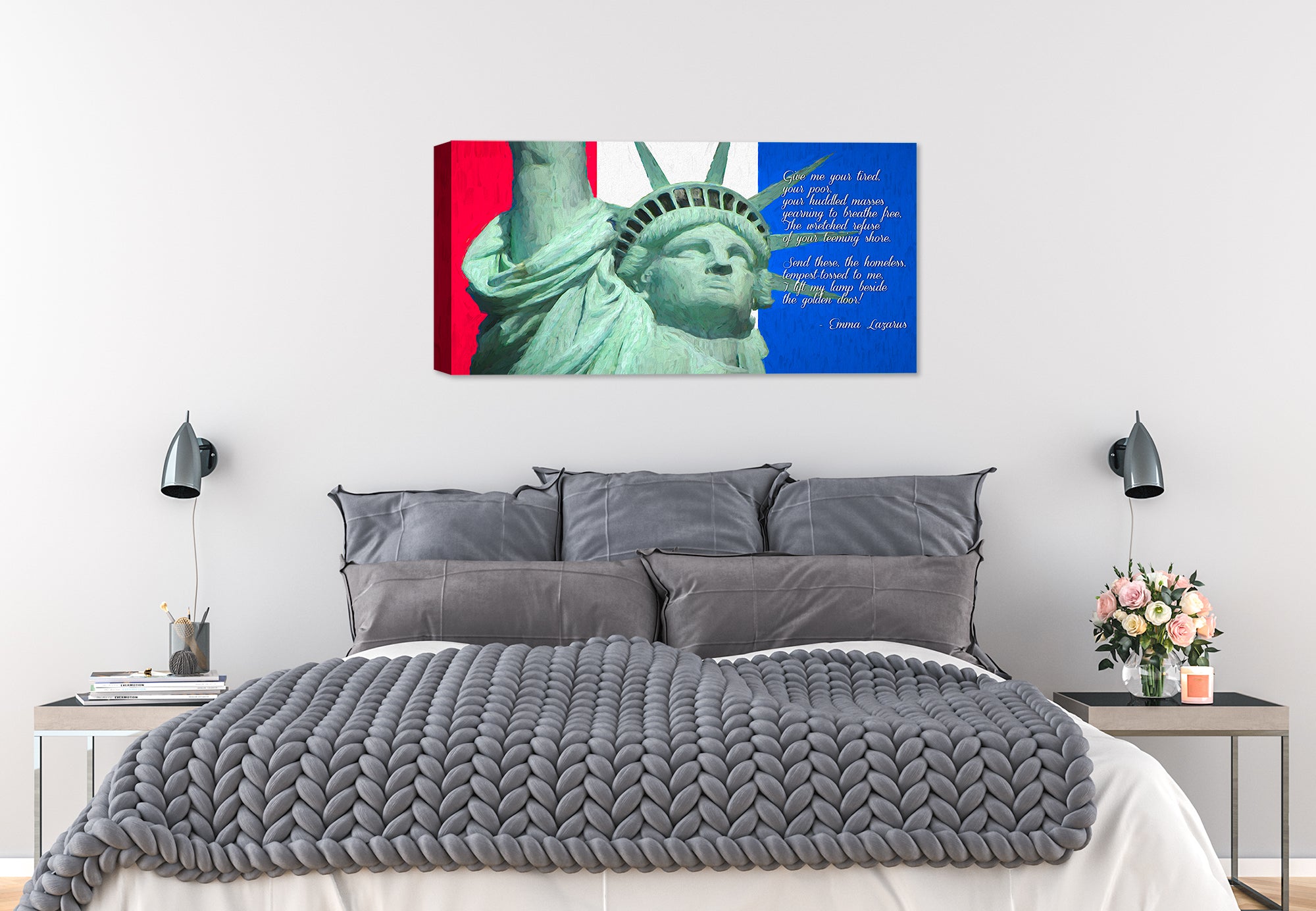 Statue of Liberty Painting with Wording - Printed on Canvas. Hung on Bedroom Wall. 