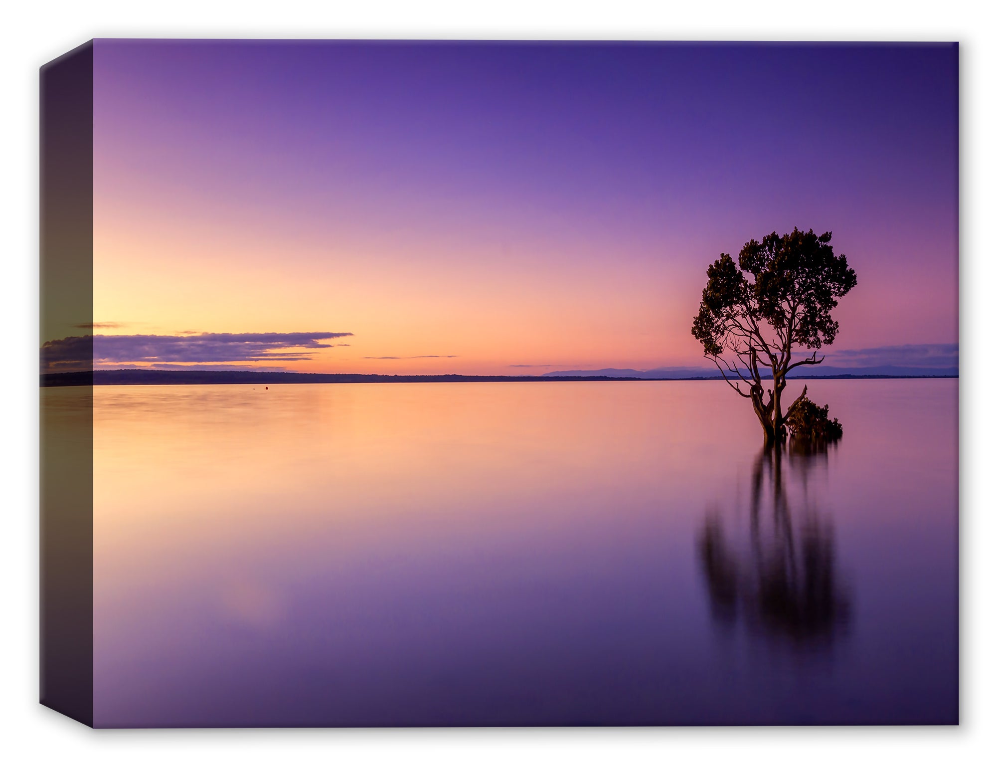 Image of a lone tree in the middle of a purplish colored water and sky.  Printed on Canvas.