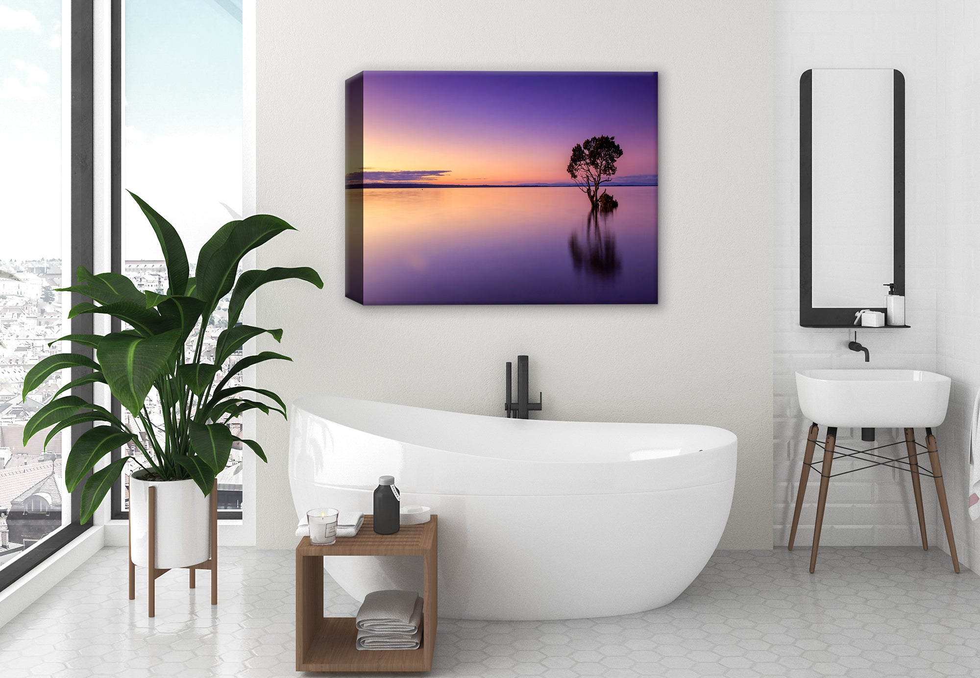 Image of a lone tree in the middle of a purplish colored water and sky.  Printed on Canvas. Hung on a Bathroom Wall. 