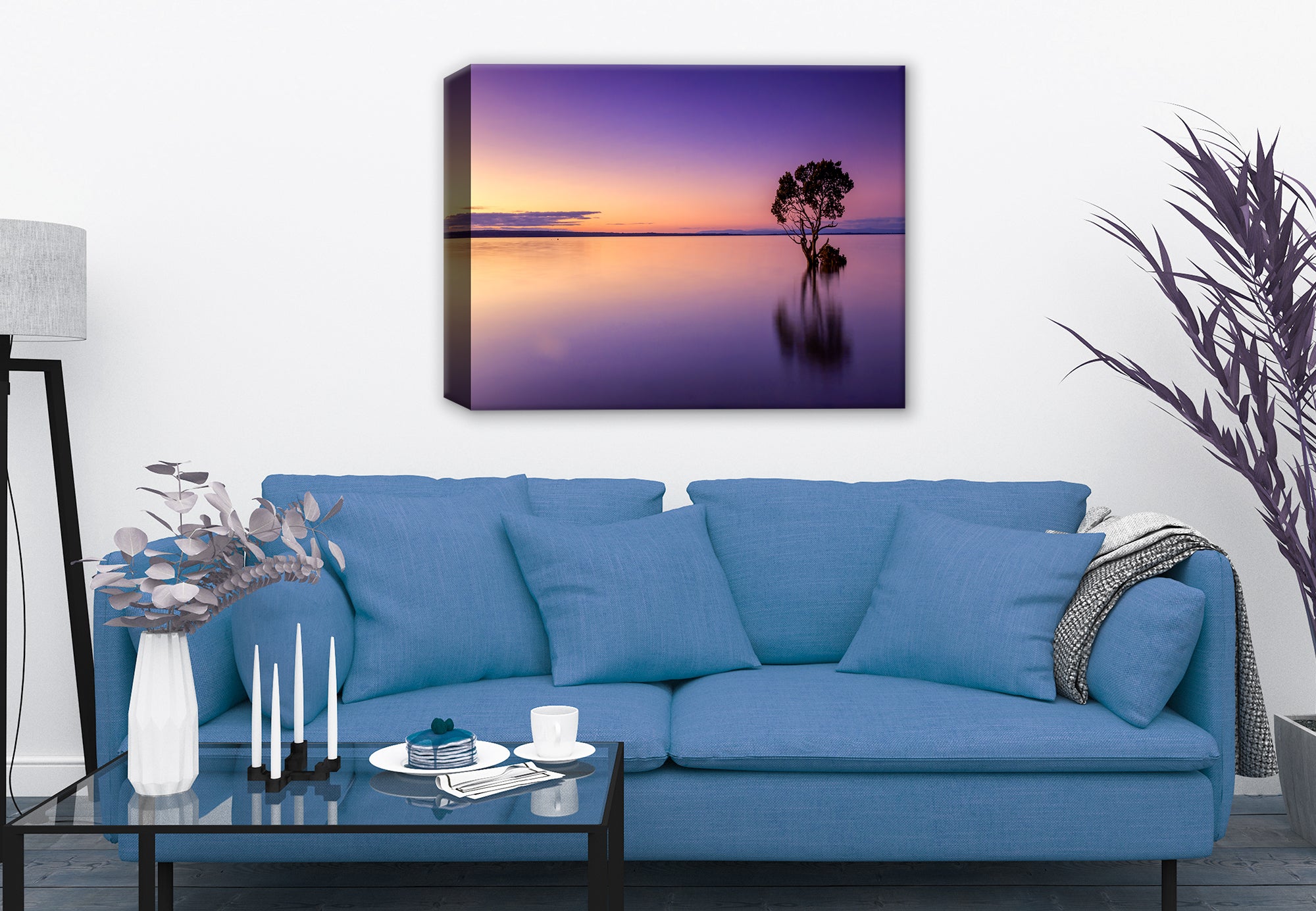 Image of a lone tree in the middle of a purplish colored water and sky.  Printed on Canvas. Hung on a Living Room Wall. 