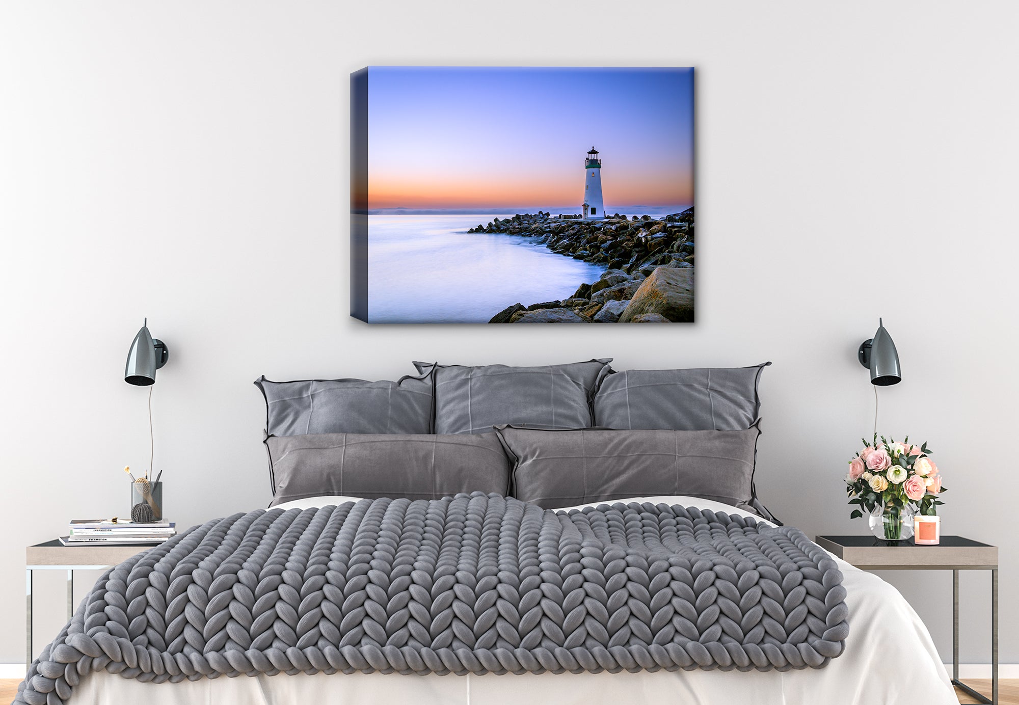 California Lighthouse on Canvas Hung on Brick Wall on Bedroom Wall