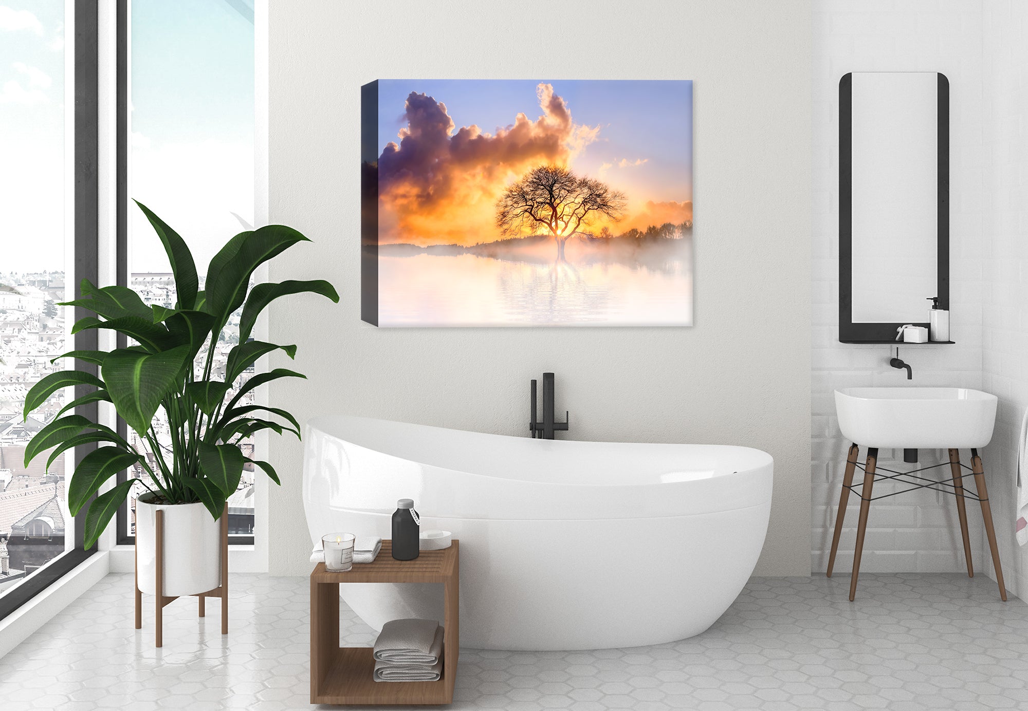 Tree in Fog - Fine Art Photography on Canvas - Hung on Bathroom  Wall