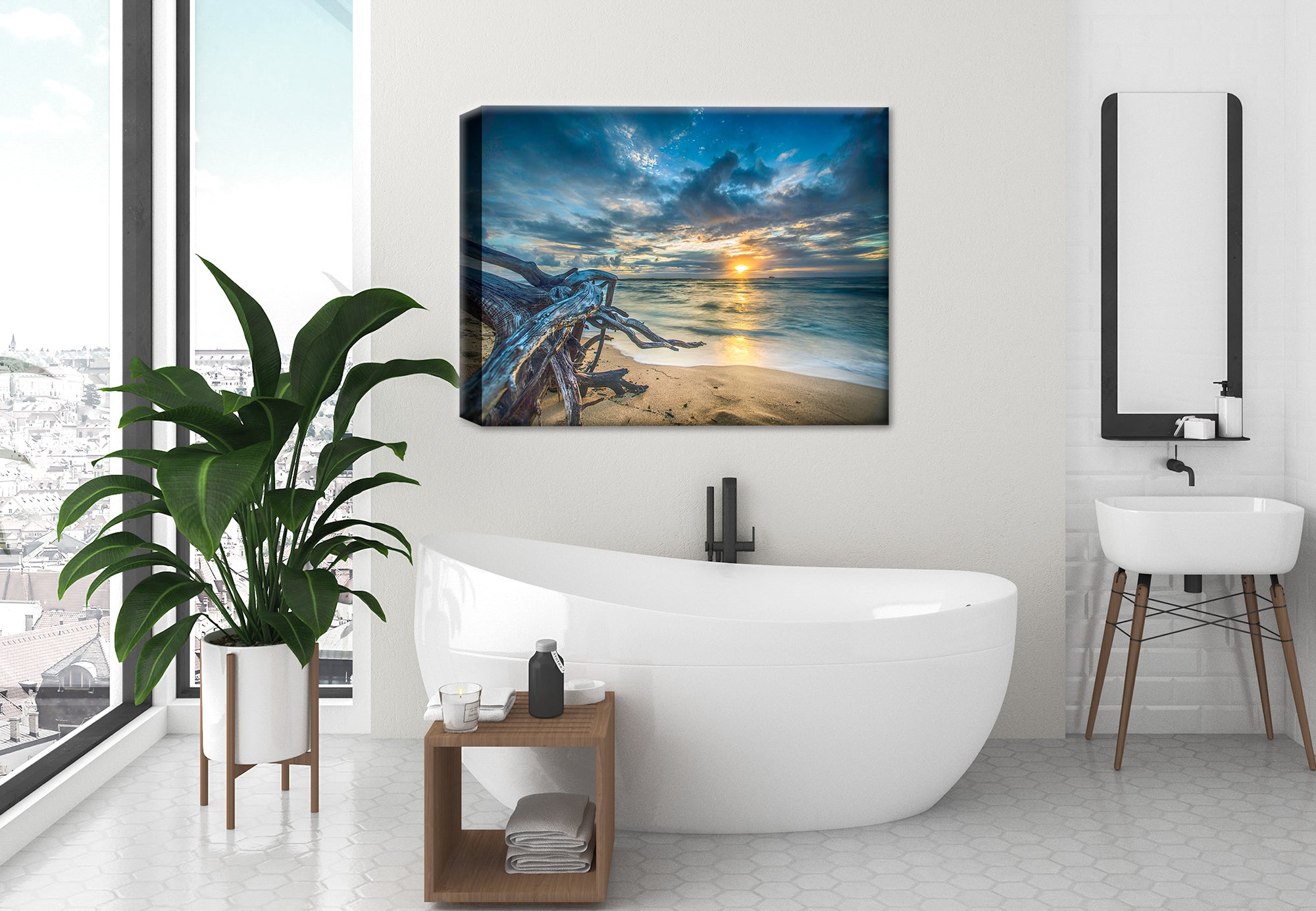 Photo of a large driftwood on the beach with a a sunset - printed on Canvas - Hanging on bathroom Wall