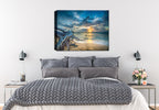 Photo of a large driftwood on the beach with a a sunset - printed on Canvas - Hanging on Bedroom Wall