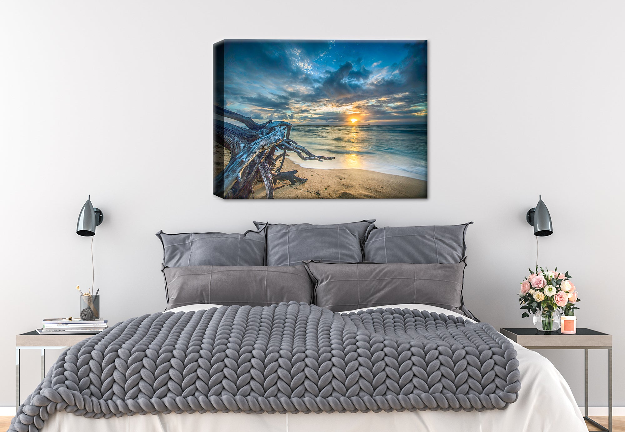 Photo of a large driftwood on the beach with a a sunset - printed on Canvas - Hanging on Bedroom Wall