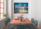 Photo of a large driftwood on the beach with a a sunset - printed on Canvas - Hanging on Dining Room Wall