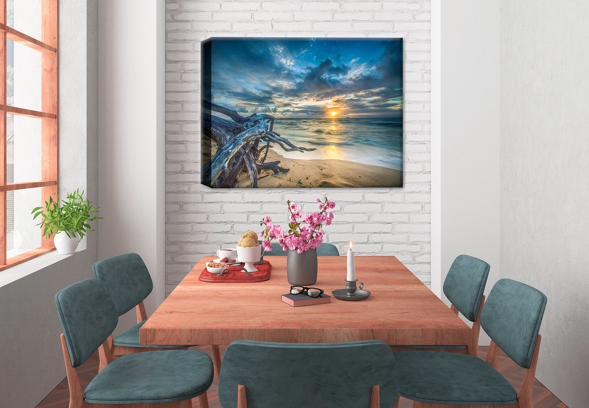 Photo of a large driftwood on the beach with a a sunset - printed on Canvas - Hanging on Dining Room Wall