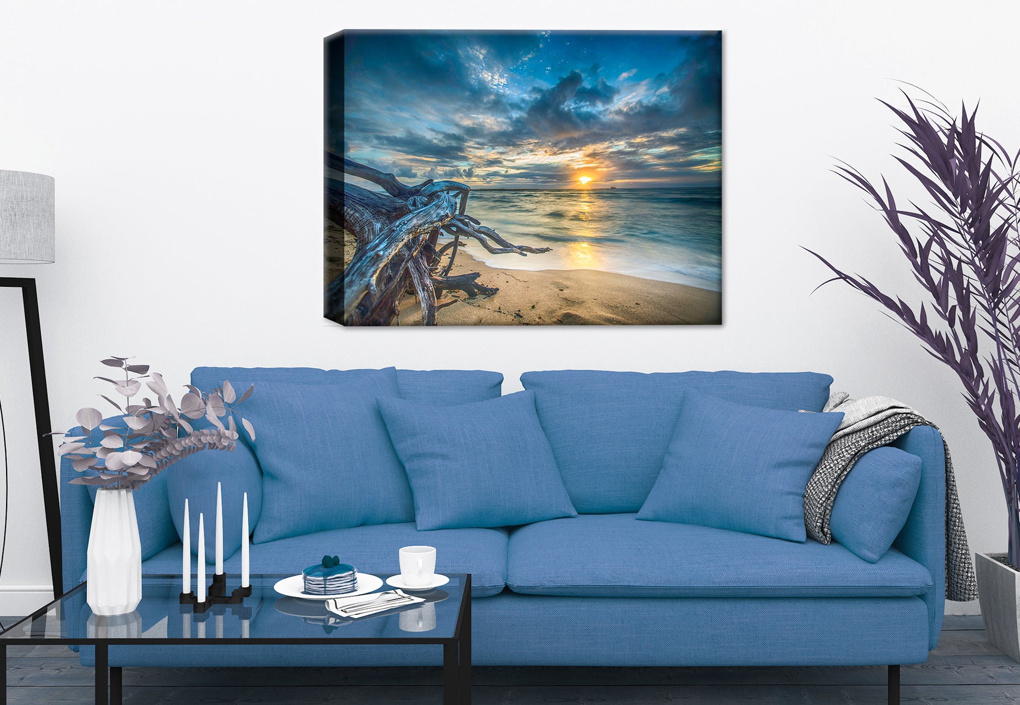 Photo of a large driftwood on the beach with a a sunset - printed on Canvas - Hanging on Living Room Wall
