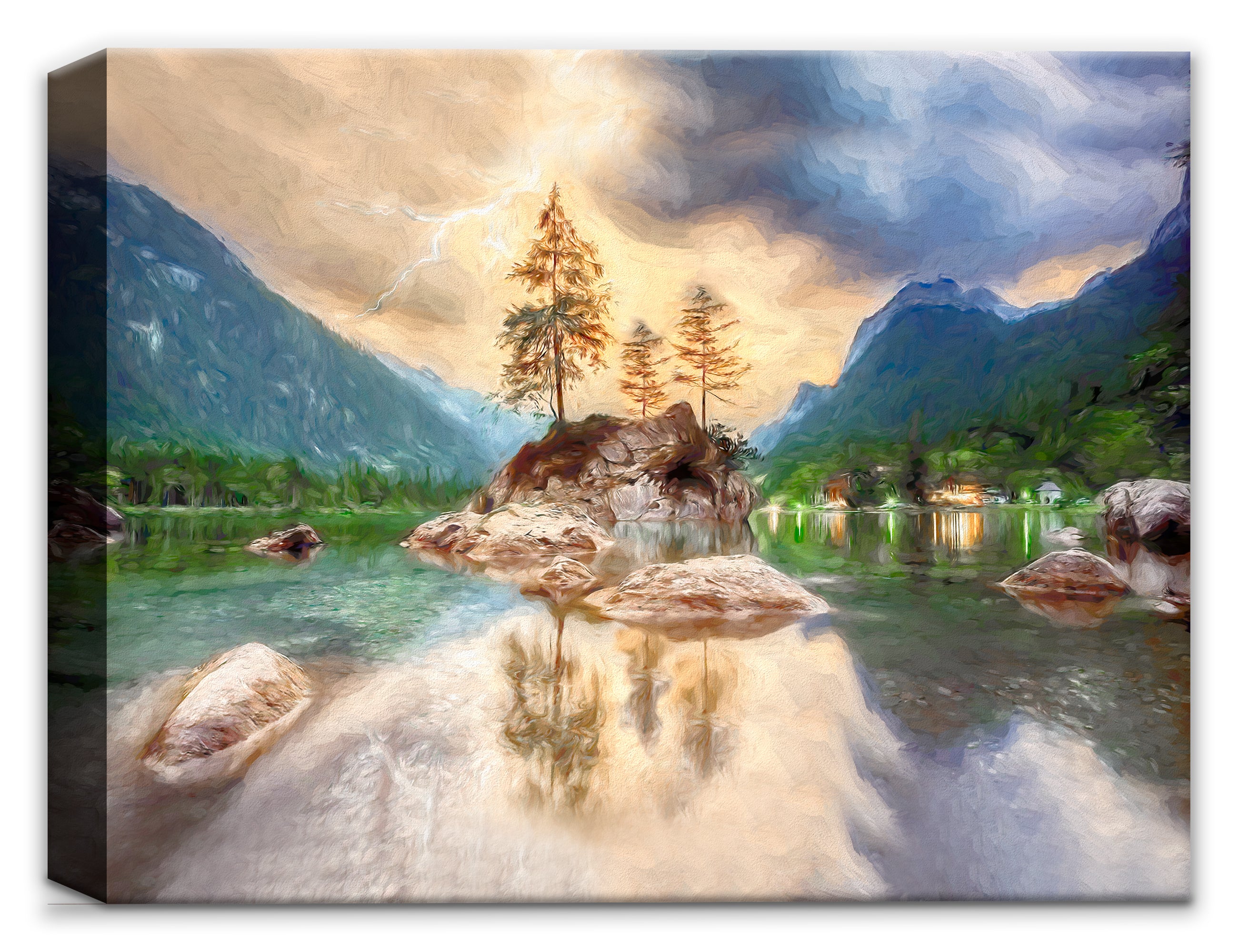 Painting of Serene Lake - with rocks, mountains and sky.  Printed on Canvas.
