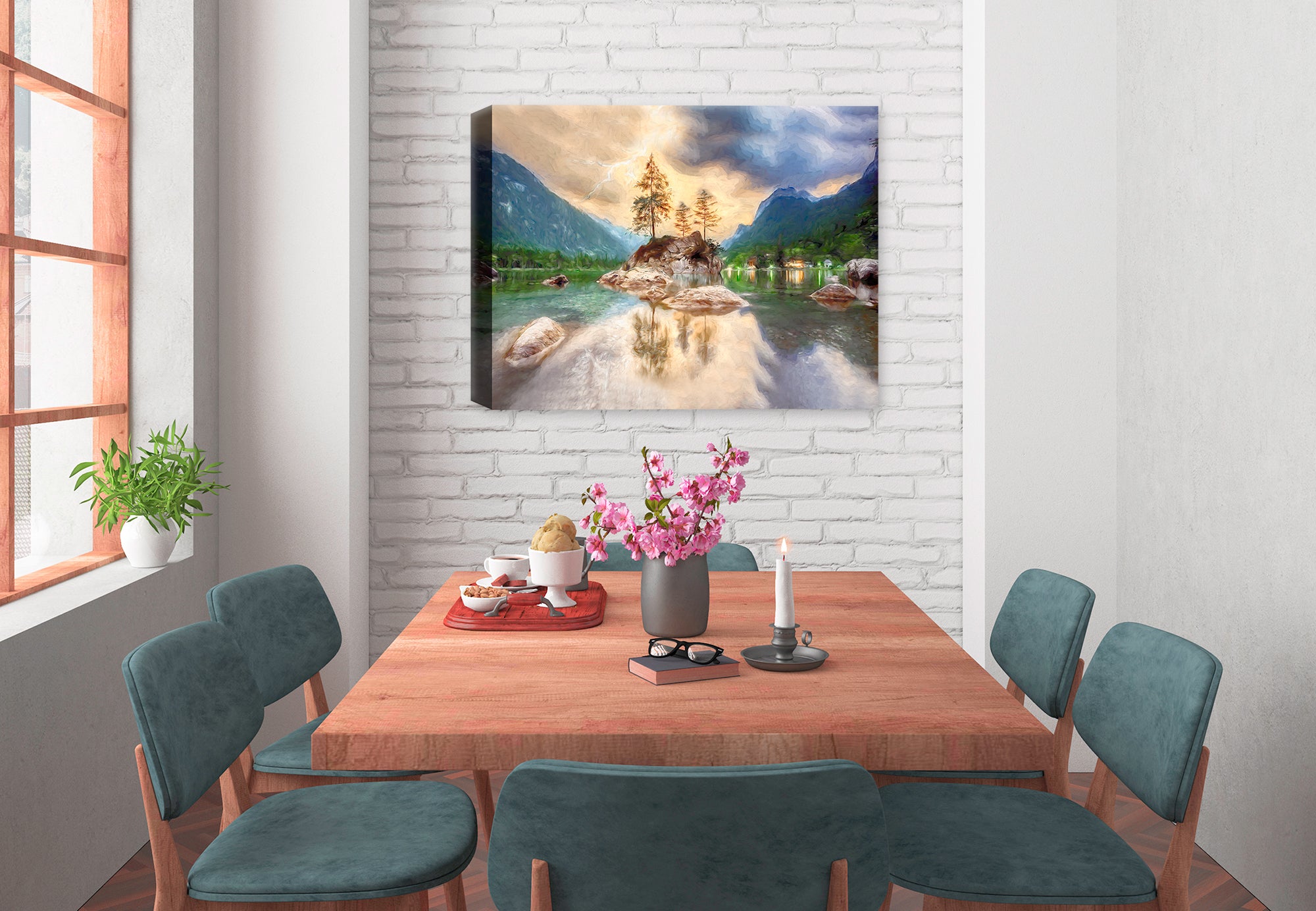 Painting of Serene Lake - with rocks, mountains and sky.  Printed on Canvas. Hung on Dining Room Wall.
