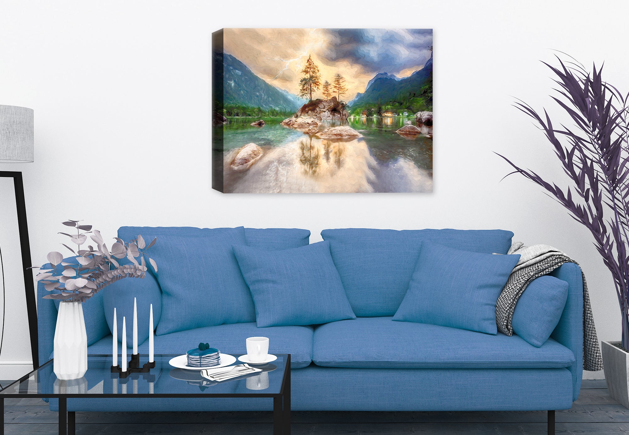 Painting of Serene Lake - with rocks, mountains and sky.  Printed on Canvas. Hung on Living Room Wall.