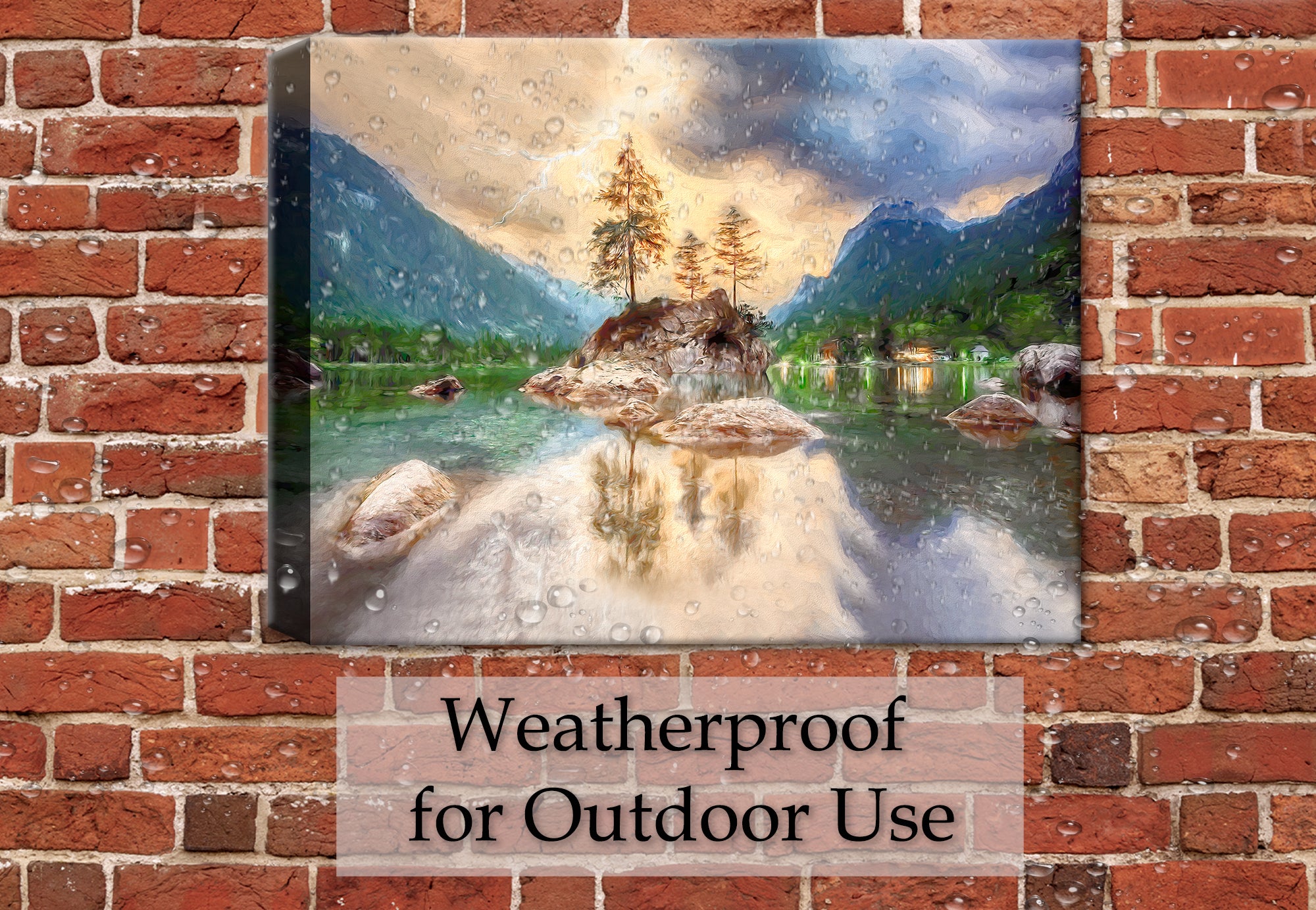 Painting of Serene Lake - with rocks, mountains and sky.  Printed on Waterproof Canvas. Hung on Brick Patio Wall in the rain.