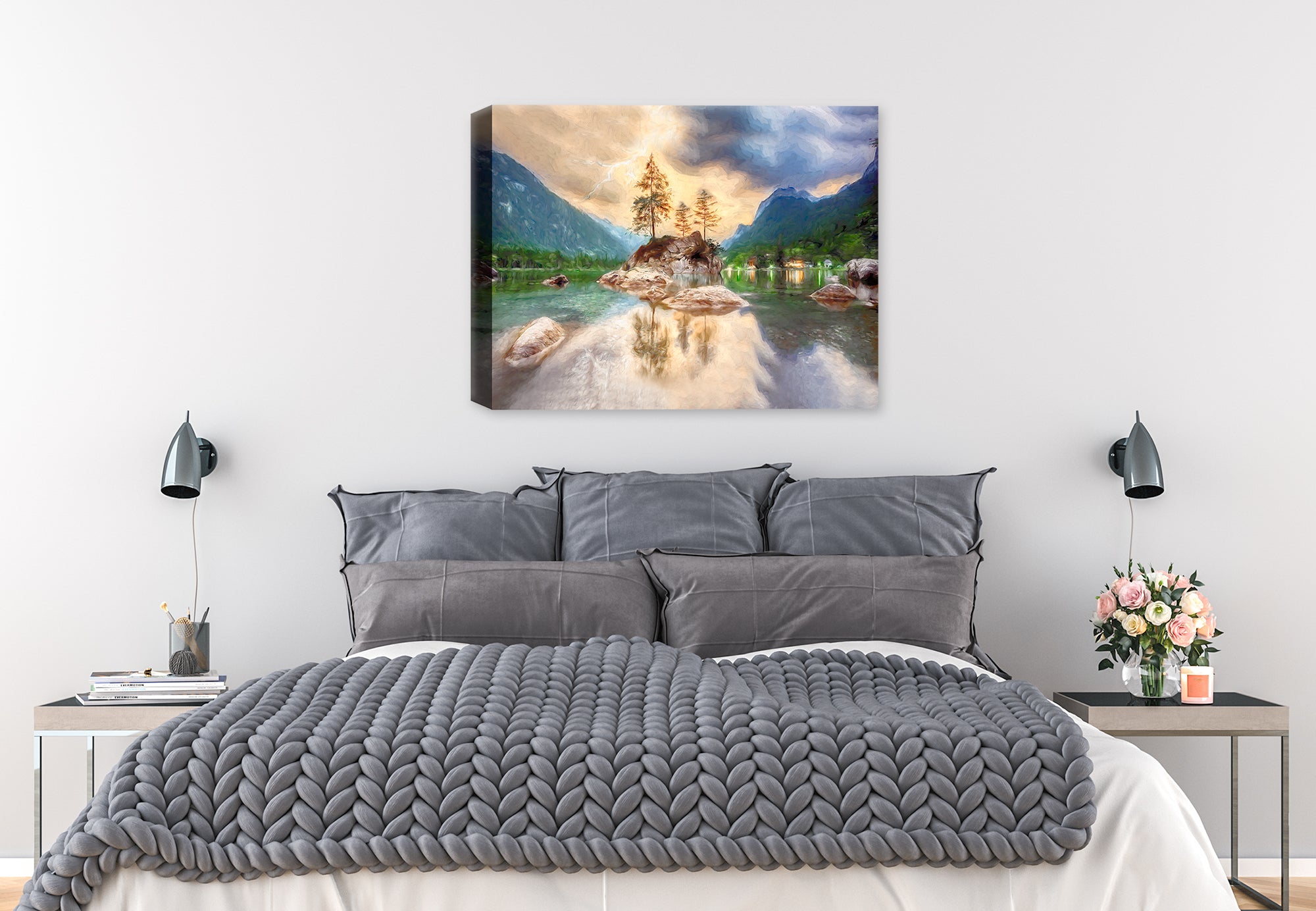Painting of Serene Lake - with rocks, mountains and sky.  Printed on Canvas. Hung on Bedroom Wall.