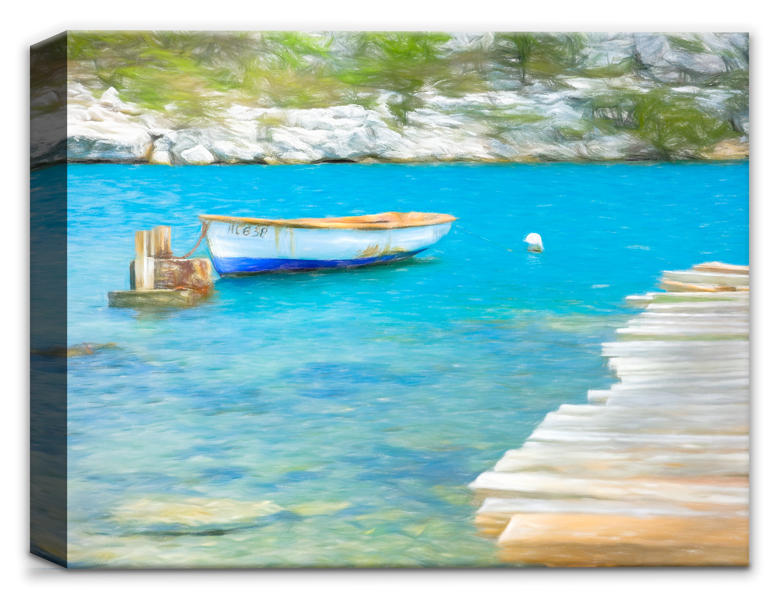 Painted image of a dock with a row boat anchored in blue water.