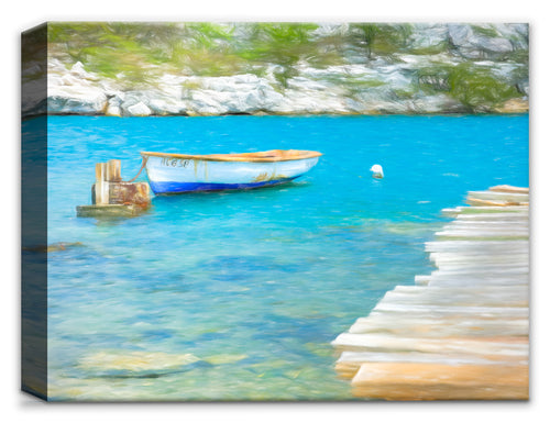 Painted image of a dock with a row boat anchored in blue water.