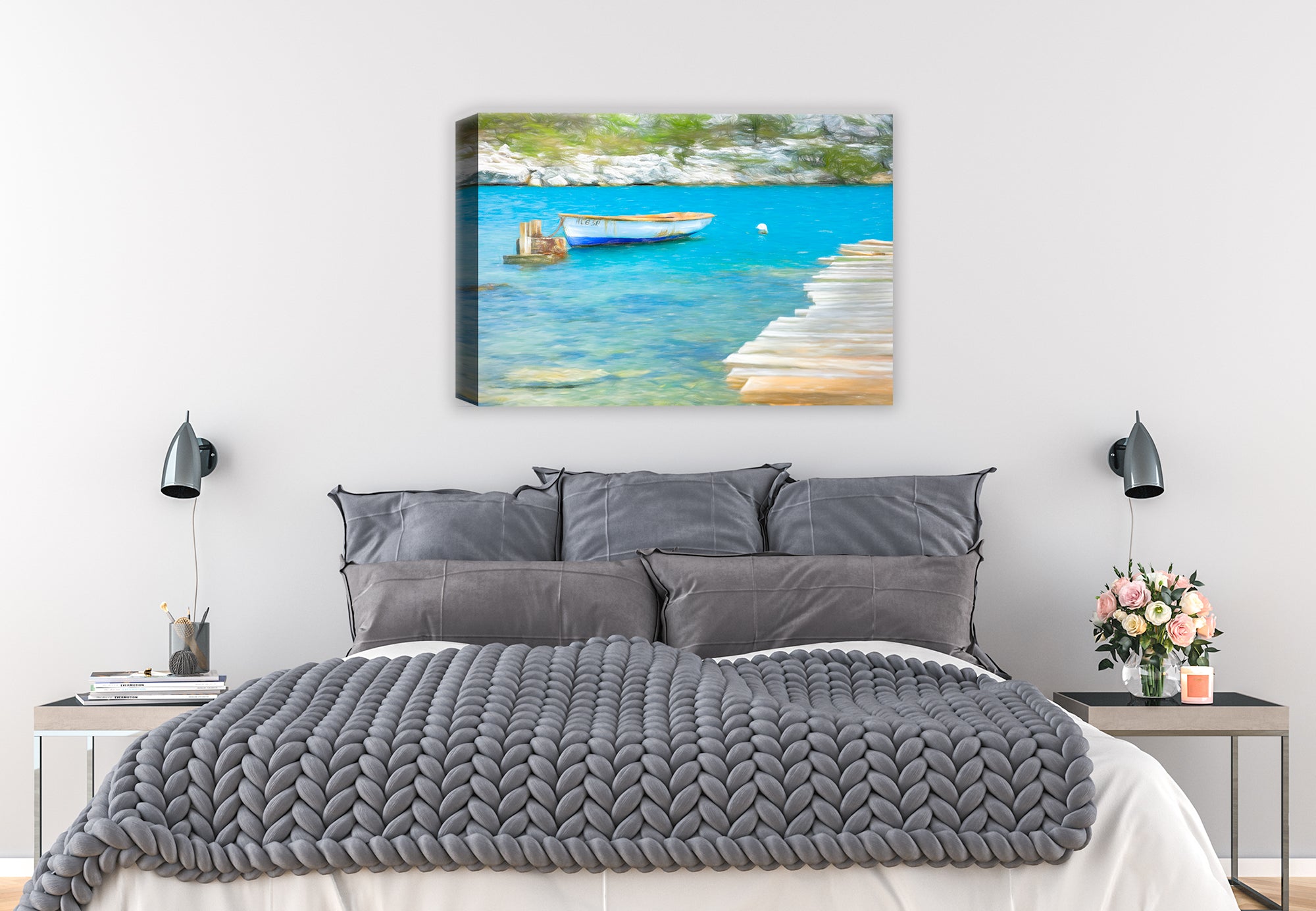Painted image on canvas wrap of a dock with a row boat anchored in blue water hanging on the wall of a bed room.