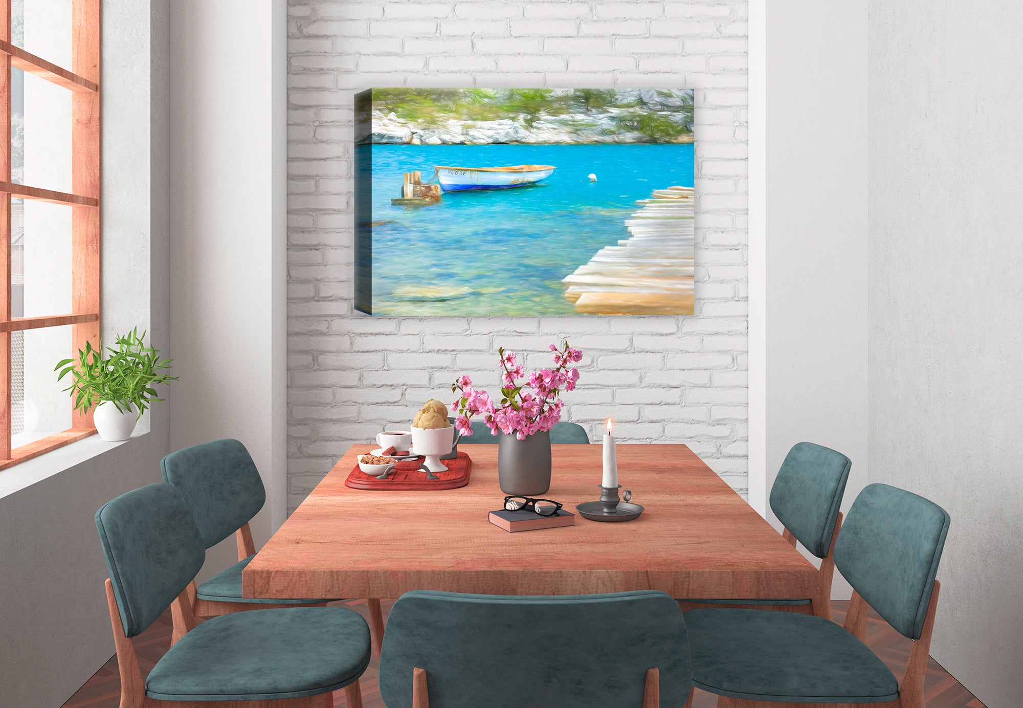 Painted image on canvas wrap of a dock with a row boat anchored in blue water hanging on the wall of a dinning room.
