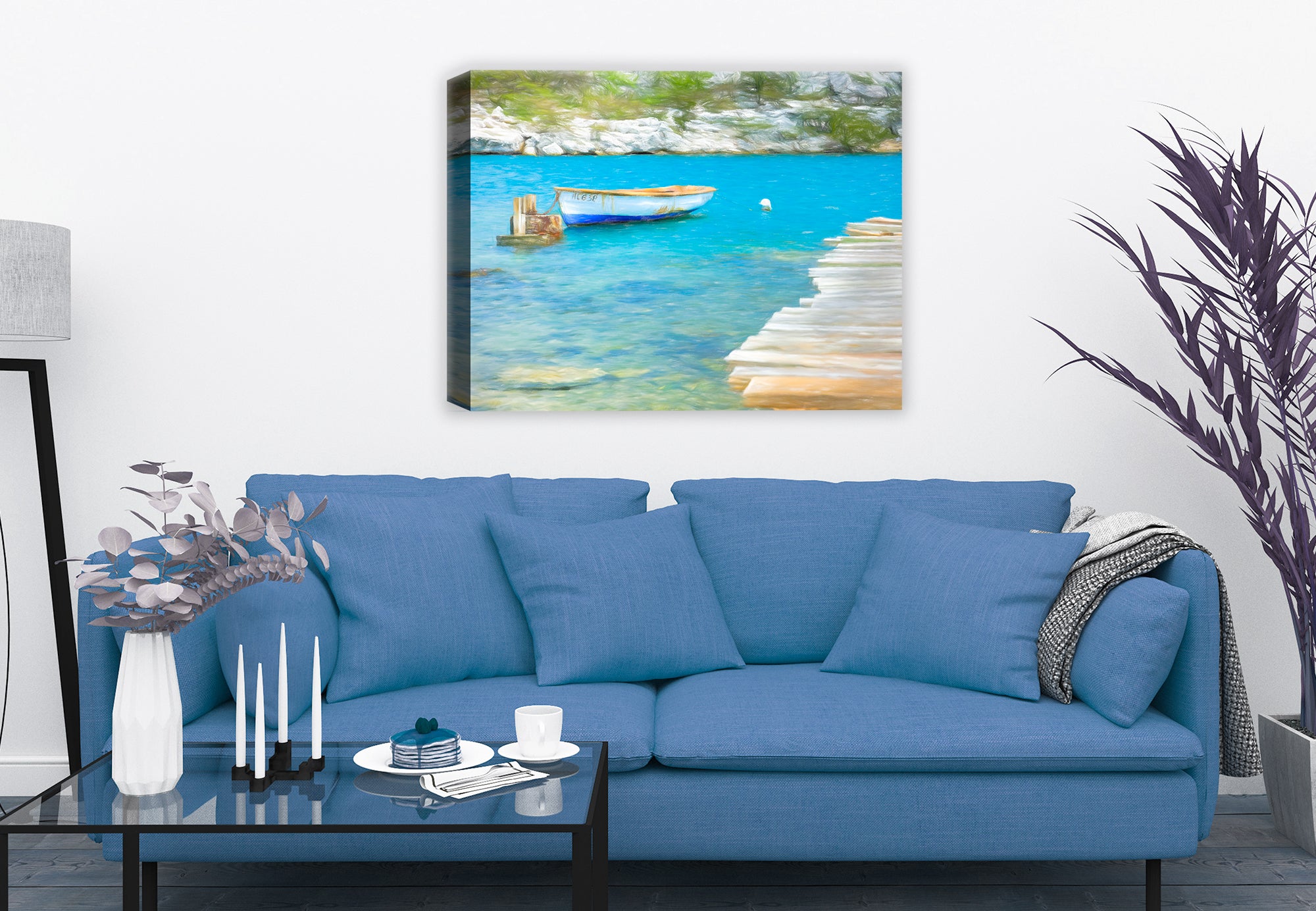 Painted image on canvas wrap of a dock with a row boat anchored in blue water hanging on the wall of a living room.