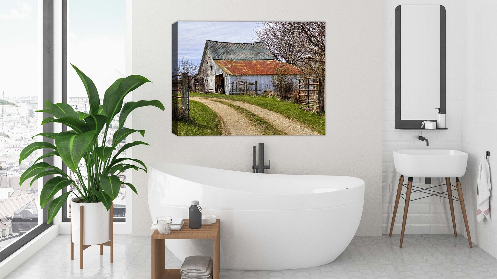 Barn on Canvas hanging on Bathroom Wall