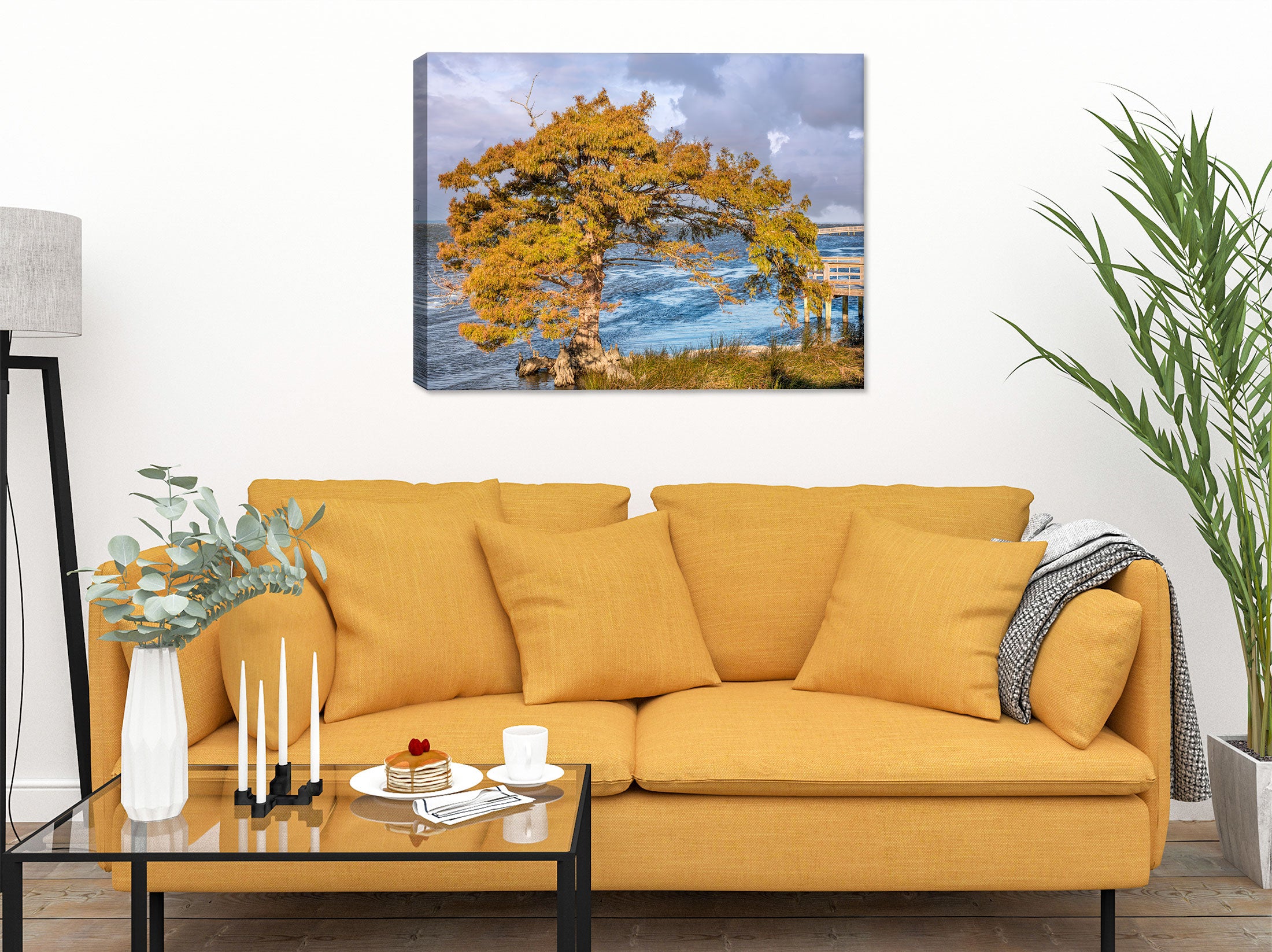 Photography of a cypress trees off the Atlantic Coast - printed on waterproof canvas - hanging on Living Room wall with Beige Couch