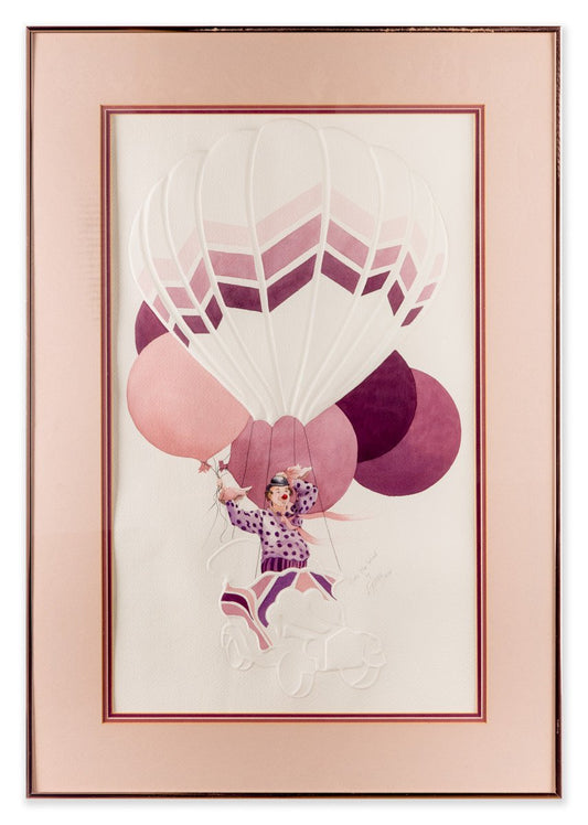 Ride the Wind - Image of a clown floating in the air lifted by Balloons by Esther Grimm - Framed Art - 