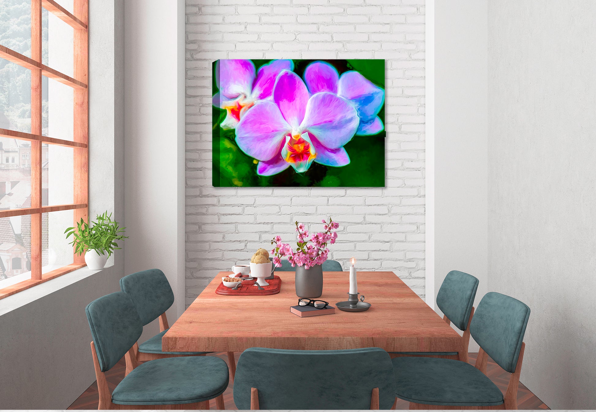 Soft Lavender & Cream Orchid   - Ink on Fine Art Canvas - Canvas Art Plus - Hung on Dining Room Wall