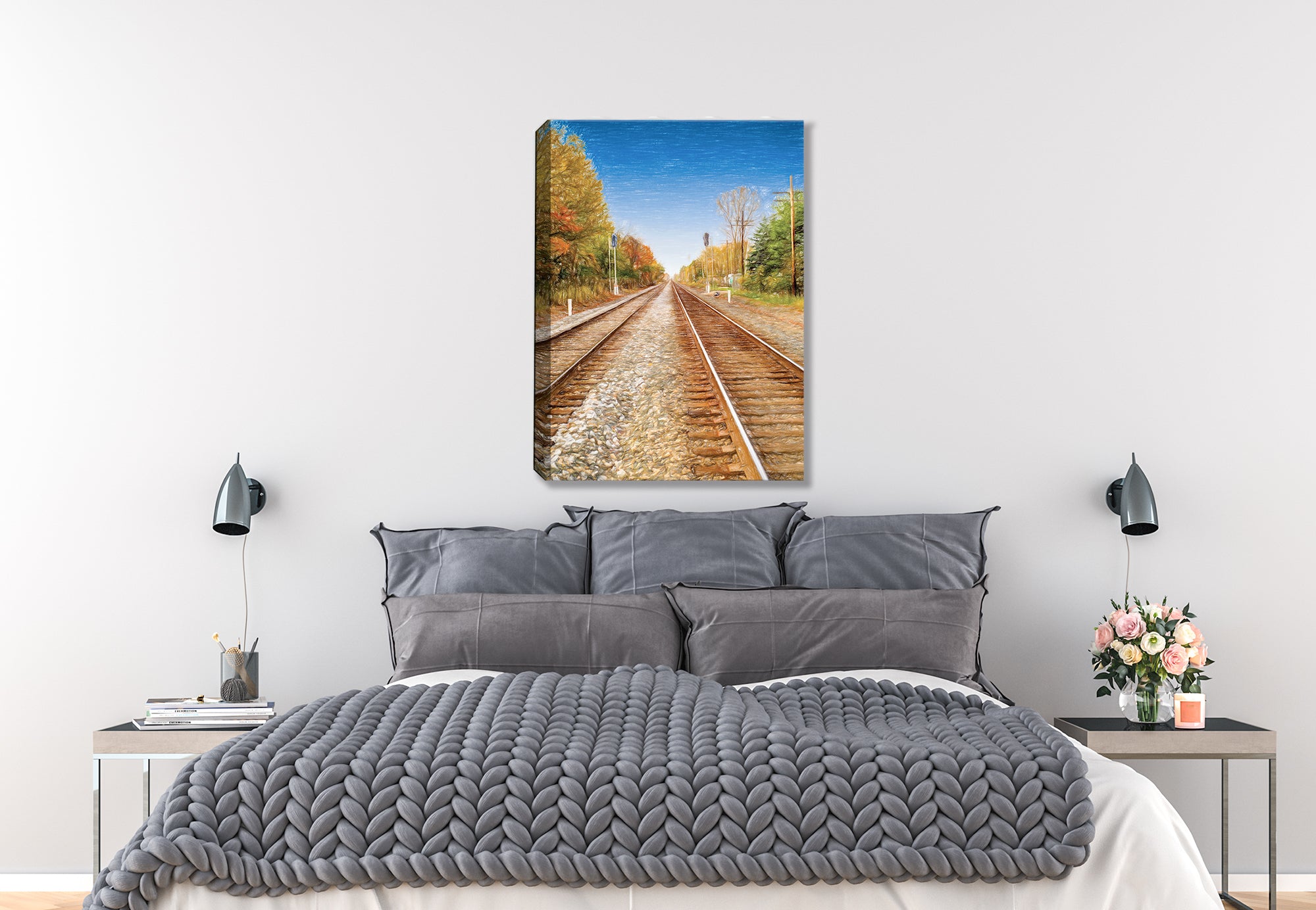 Railroad Track Painting on Canvas - Hanging on Bedroom Wall