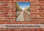 Railroad Track Painting on Canvas - Hanging on Brick Patio Wall in the Rain - Waterproofed Canvas