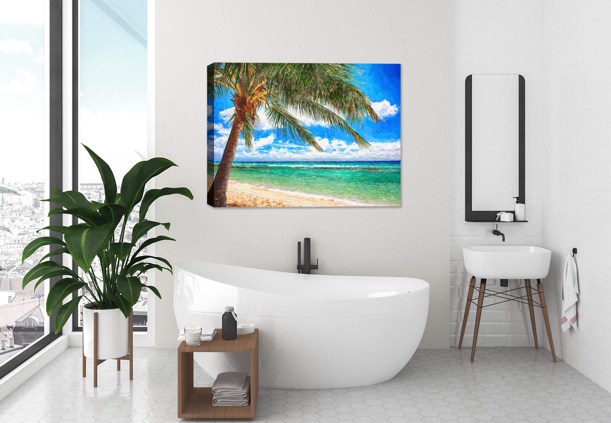Caribbean Ocean View from Beach printed on Canvas - Hanging on Bathroom Wall