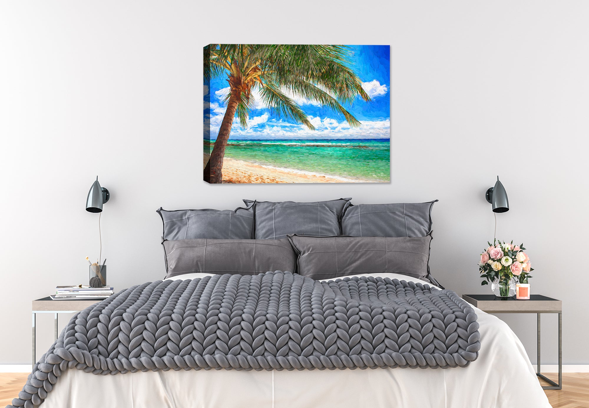 Caribbean Ocean View from Beach printed on Canvas - Hanging on Bedroom Wall