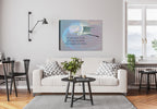 "If you want to Fly" inspirational print on Canvas with White Egret - Hanging on Living Room Wall with White Couch