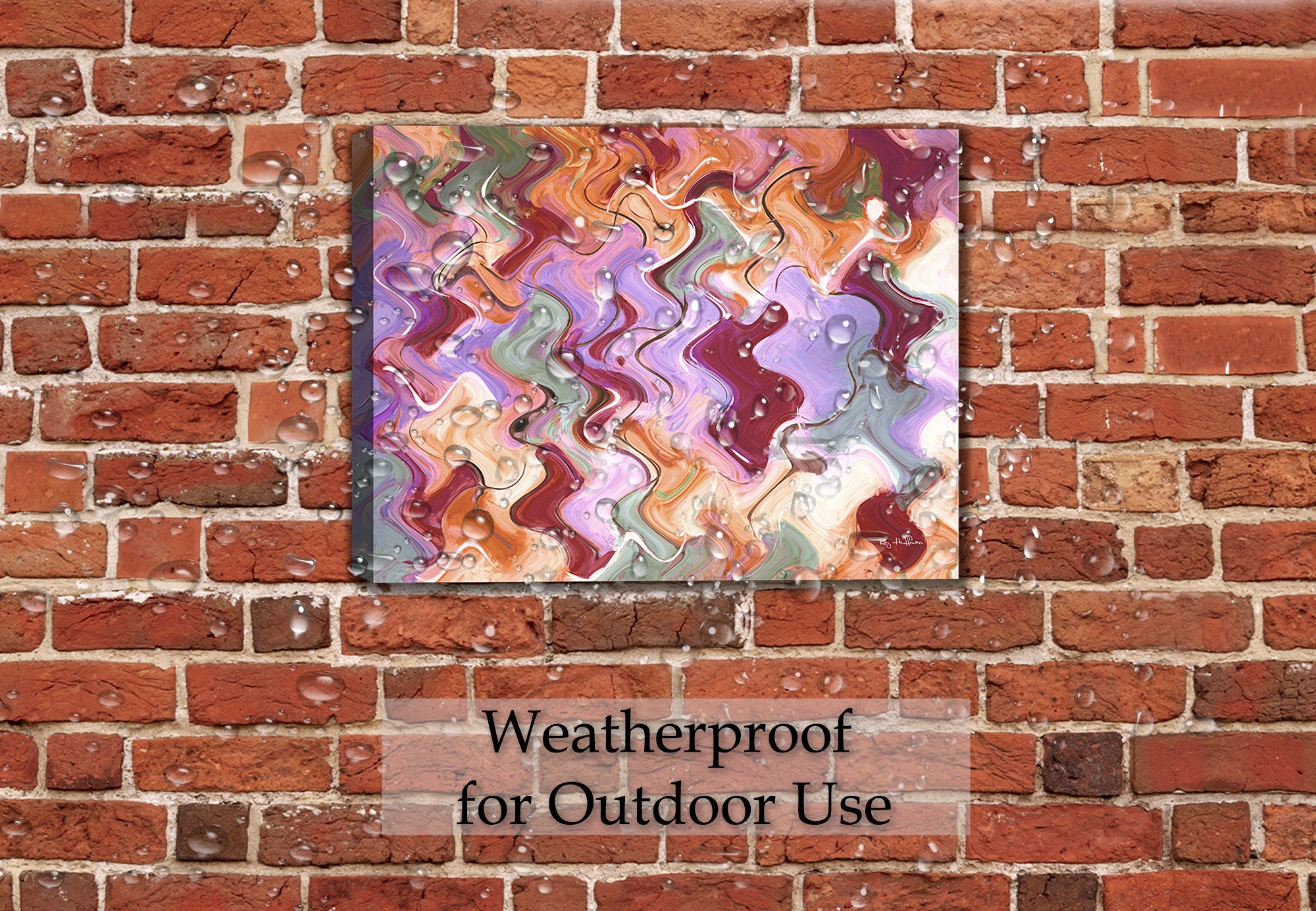 Abstract Painting by Ray Huffman printed on  waterproof canvas -  Hanging on Brick Patio Wall in the rain