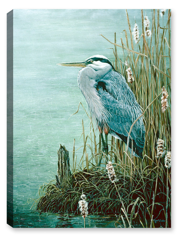 Painting of a Blue Heron on a Rainy Day printed on a canvas wrap.
