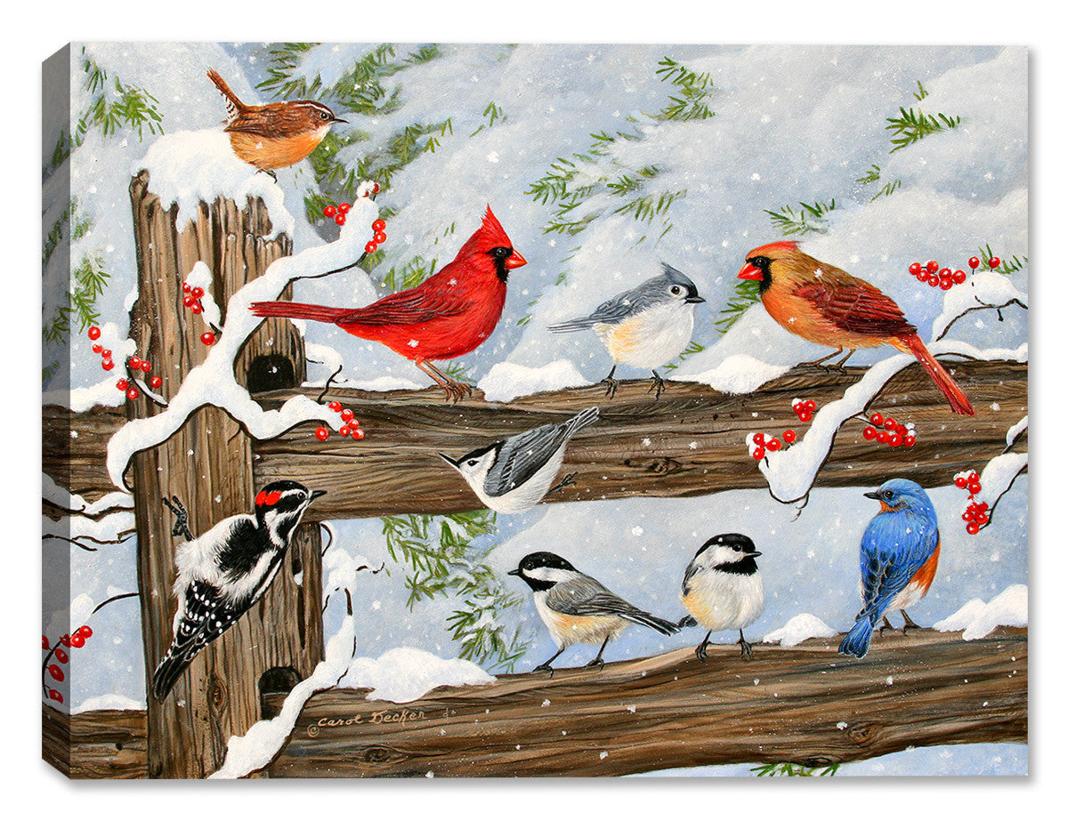 Songbirds on Snow Covered Fence - Convention - Painting by Carol Decker - Printed on Canvas