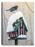 Stars and Stripes Bird House with Bird  standing on Snow - Printed on Canvas.