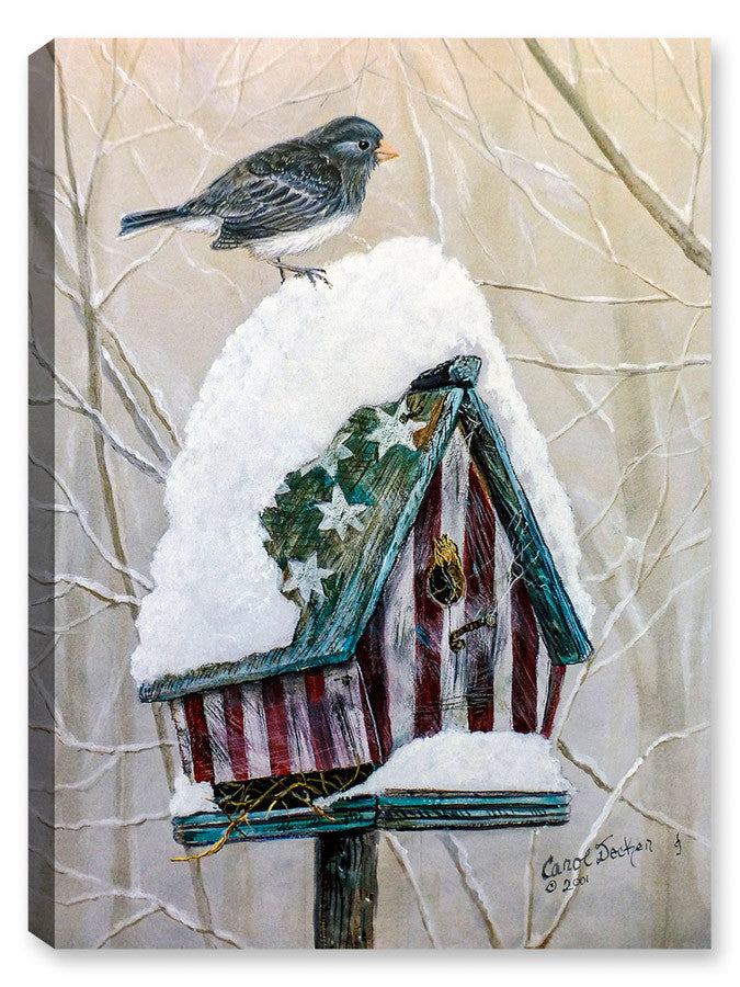 Stars and Stripes Bird House with Bird  standing on Snow - Printed on Canvas.