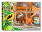 Painting of a Sunflower Shed with Chickadees - Printed on Canvas